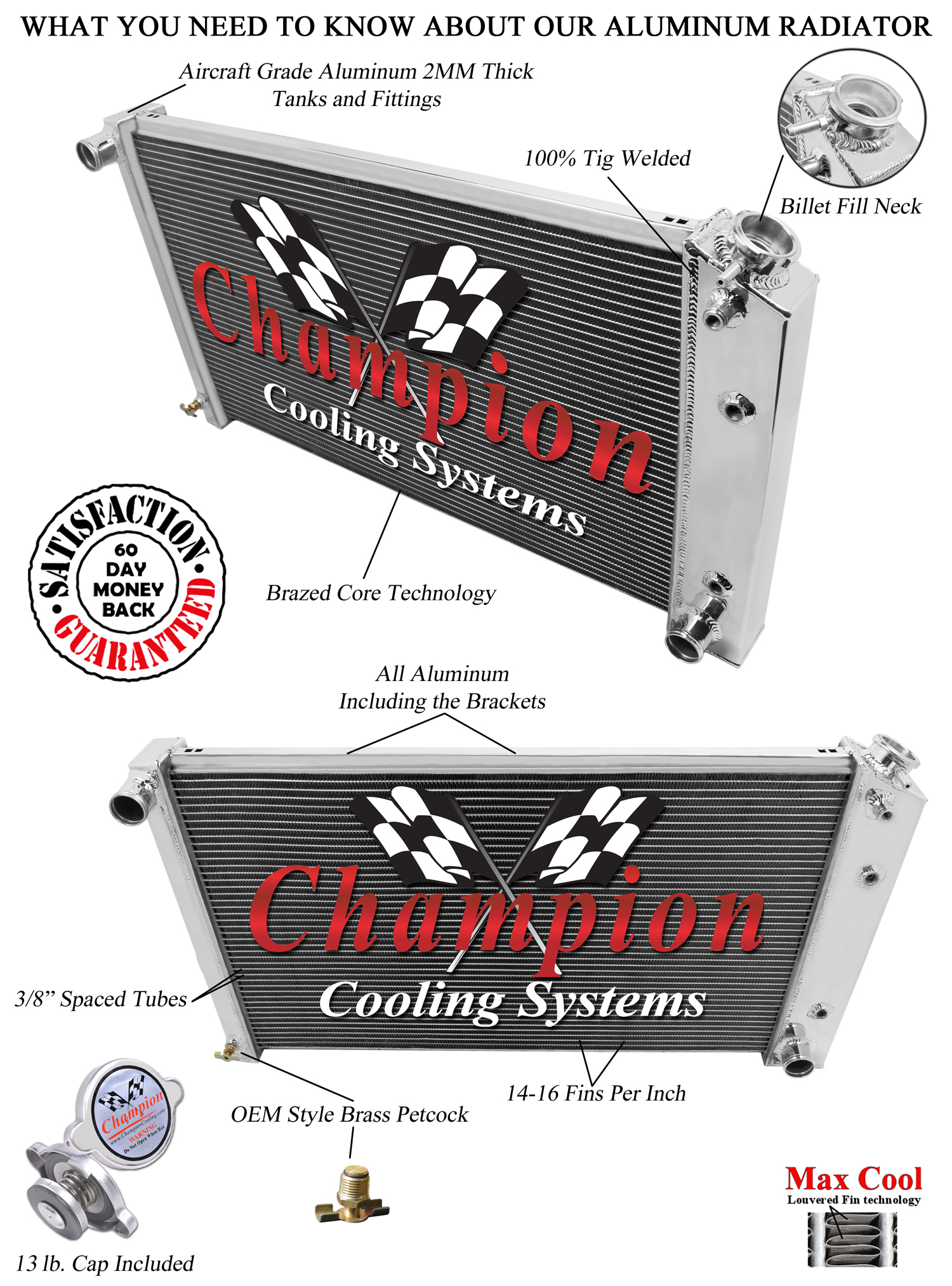 68-85 GM 28" Core 2 Row all aluminum radiator view 3