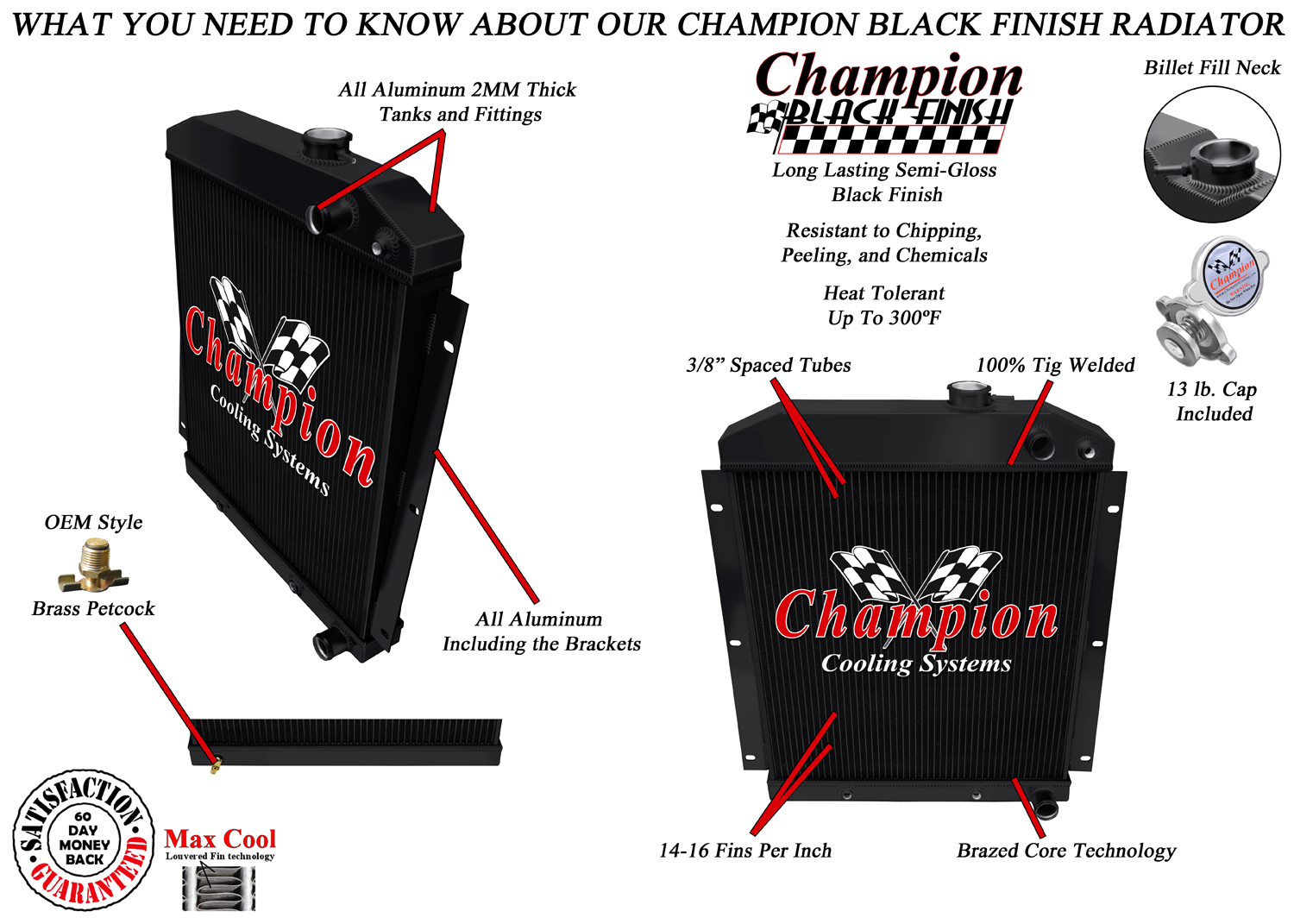 49-54 Chevy Truck (Downflow LS Swap) 3 Row Aluminum Radiator (Black Aluminum) view 3